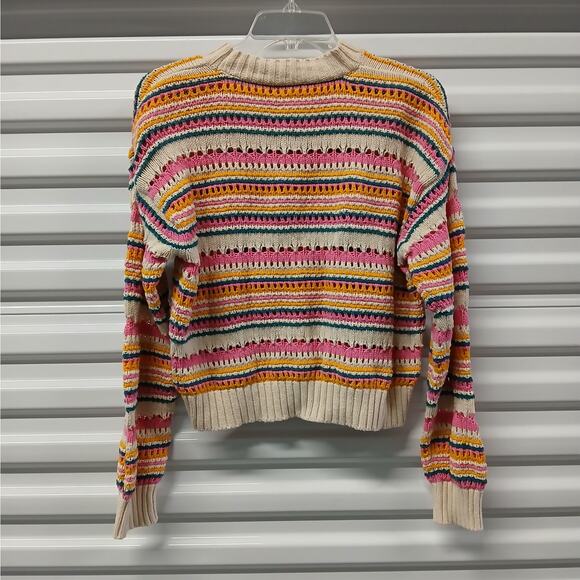 Zara Crew Neck Knit Sweater Women Small Pink Beige Striped Pullover Top Gorpcore - Picture 4 of 8